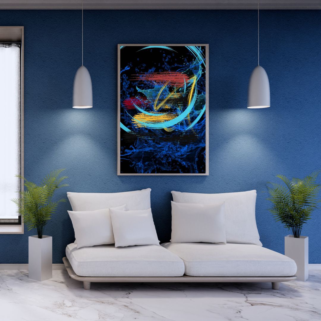 Dynamic blue and gold digital print for home decor