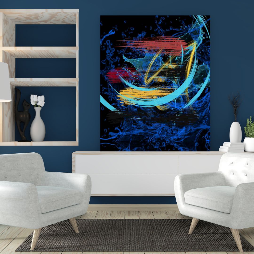 Expressive abstract artwork with deep blue and golden strokes
