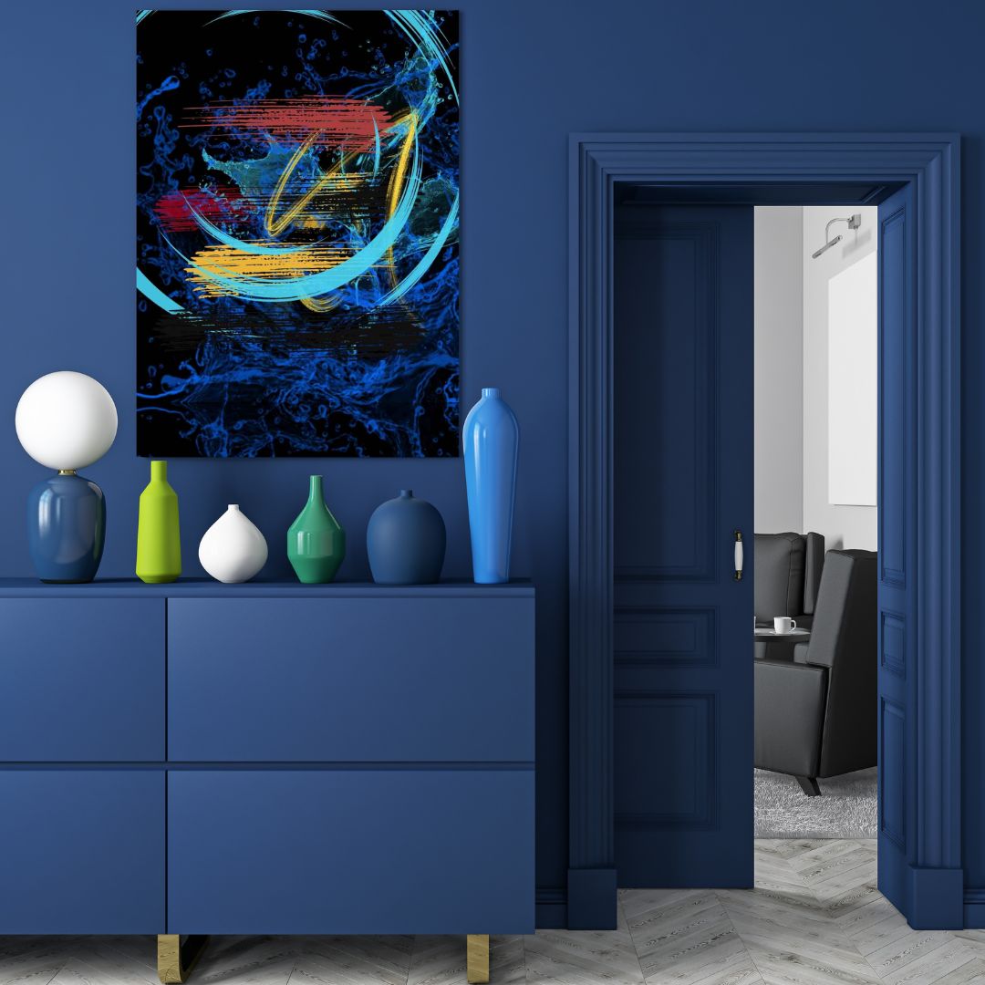 Vibrant abstract wall art with energetic movement and color splashes