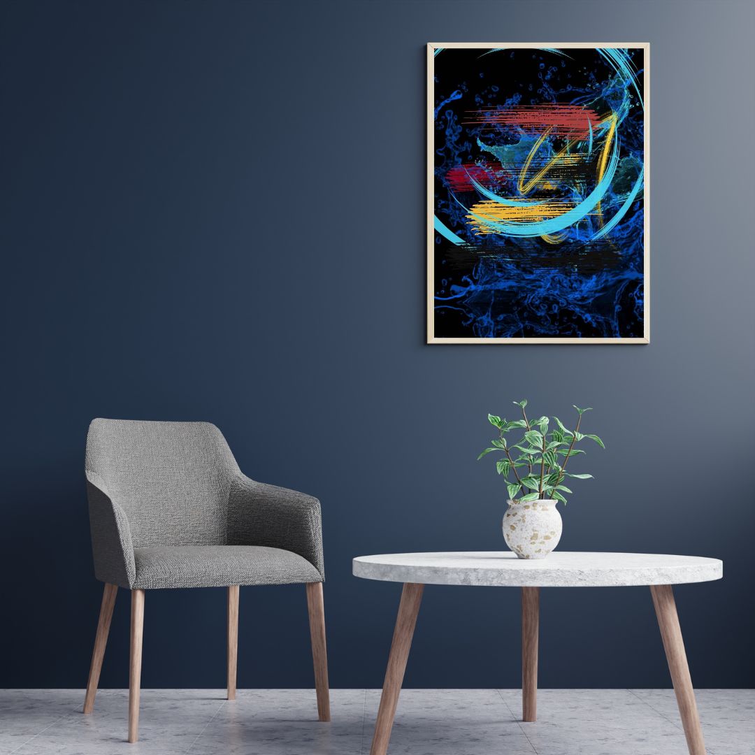 Creative abstract painting with blue, gold, and red accents