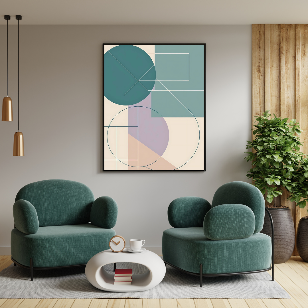 Modern minimalist abstract art featuring rectangles, circles, and linear structures
