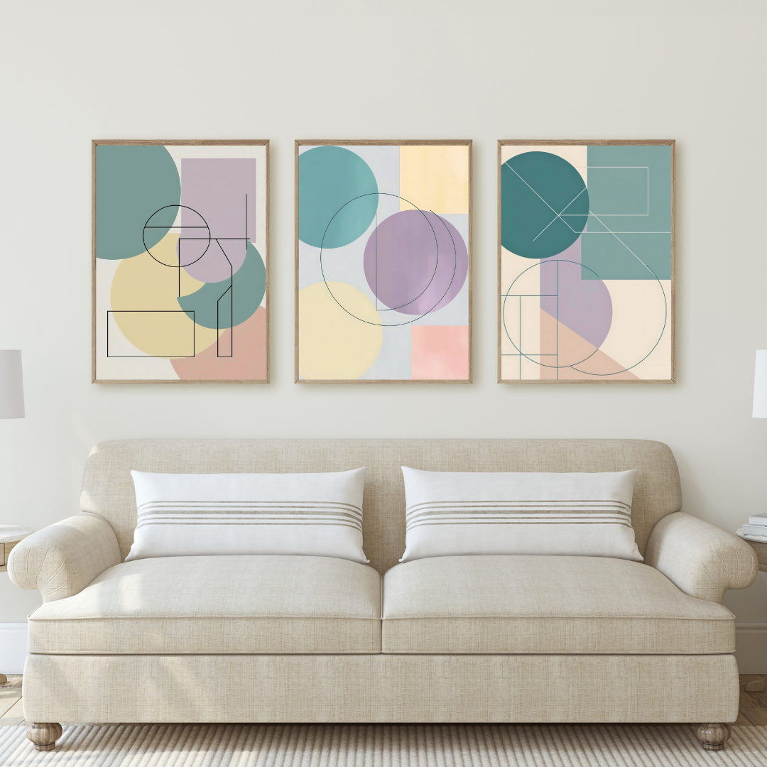 Digital geometric artwork with structured grid patterns and muted color palette