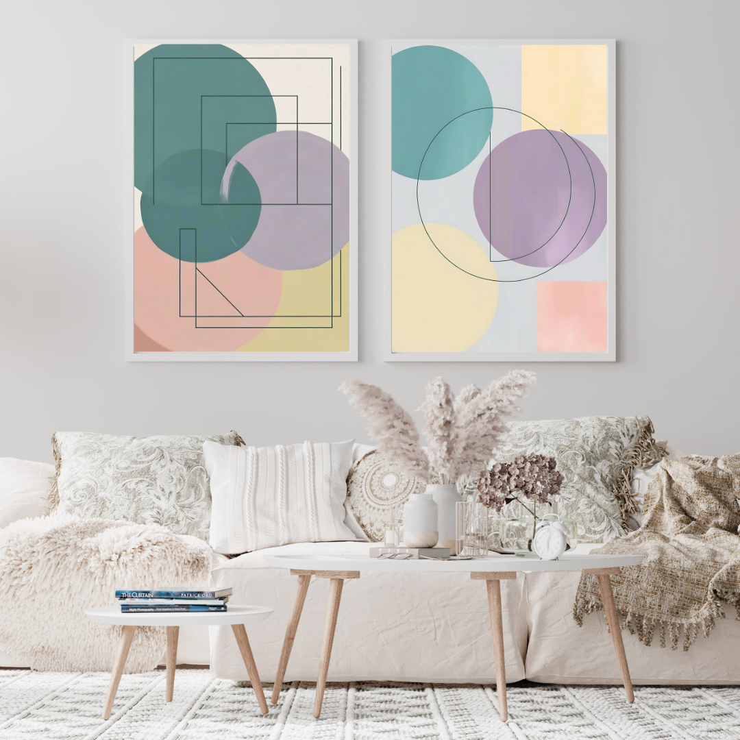Pastel-colored geometric wall art featuring circles, rectangles, and delicate lines