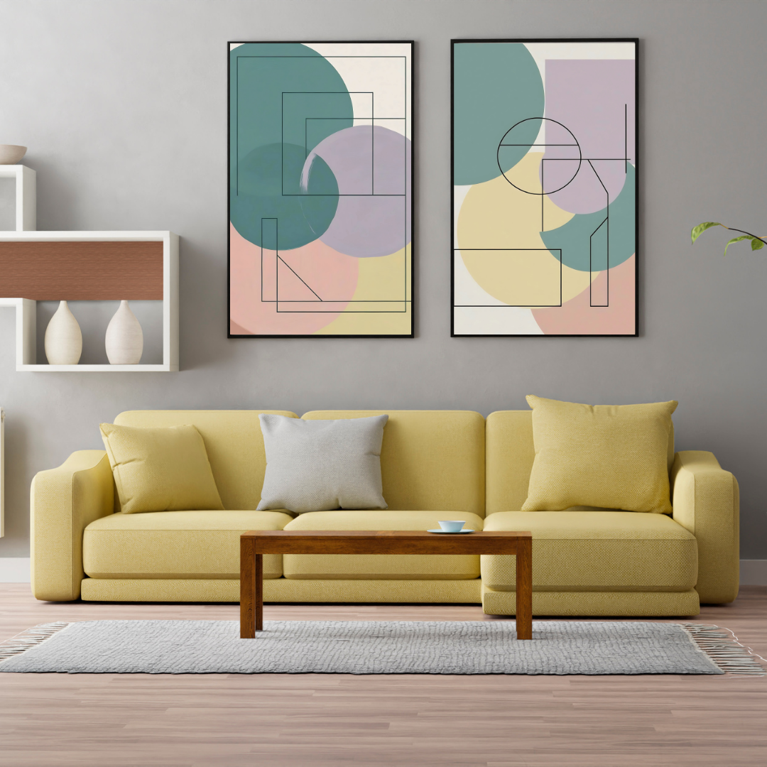 Scandinavian-inspired minimalist digital print with abstract geometric composition