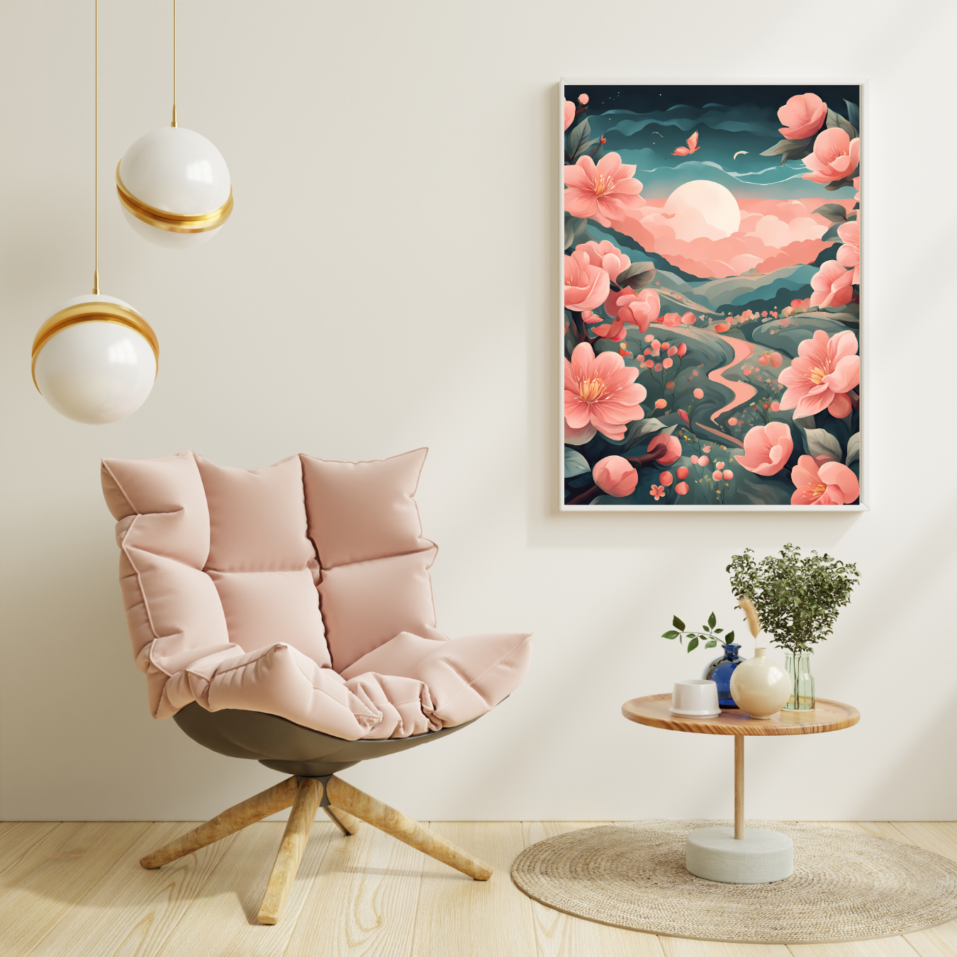 A dreamy vertical canvas print featuring soft coral blossoms, a glowing moon, and a winding path through lush nature.