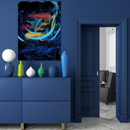 Vibrant abstract wall art with energetic movement and color splashes