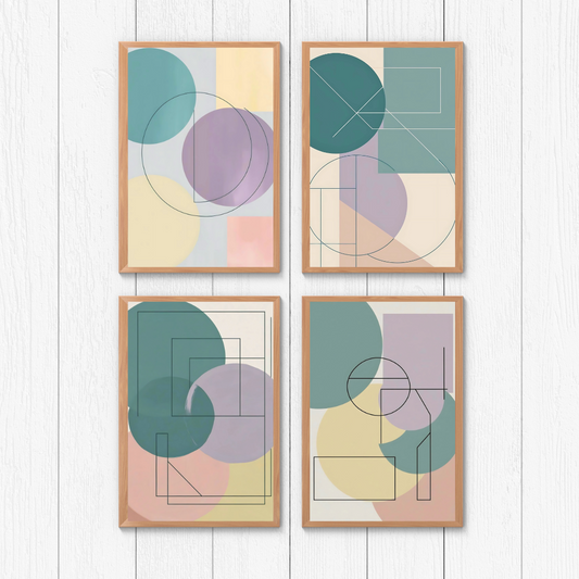 Minimalist geometric abstract art print featuring pastel circles and fine line detailing