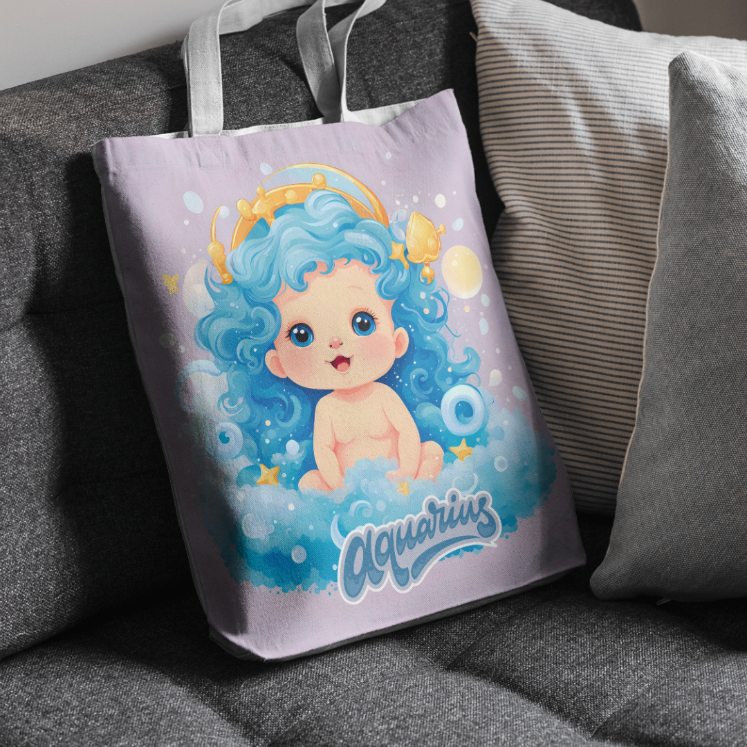 Adorable Aquarius baby tote bag featuring a whimsical zodiac baby with blue curls and a golden crown