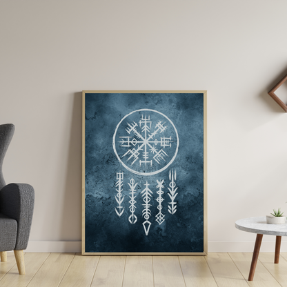 Printable Viking Art with Nordic Runes & Vegvisir Compass | Norse Mythology Wall Decor | Futhark Symbol Digital Download - ForArtHunters