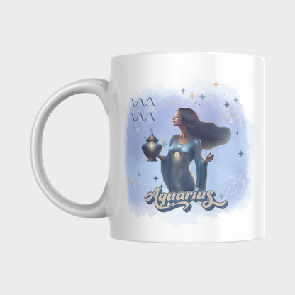 Aquarius Zodiac Woman Art on a celestial-themed coffee mug – perfect astrology gift