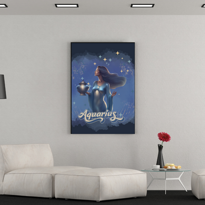 Aquarius Zodiac Woman celestial print on a high-quality vertical canvas