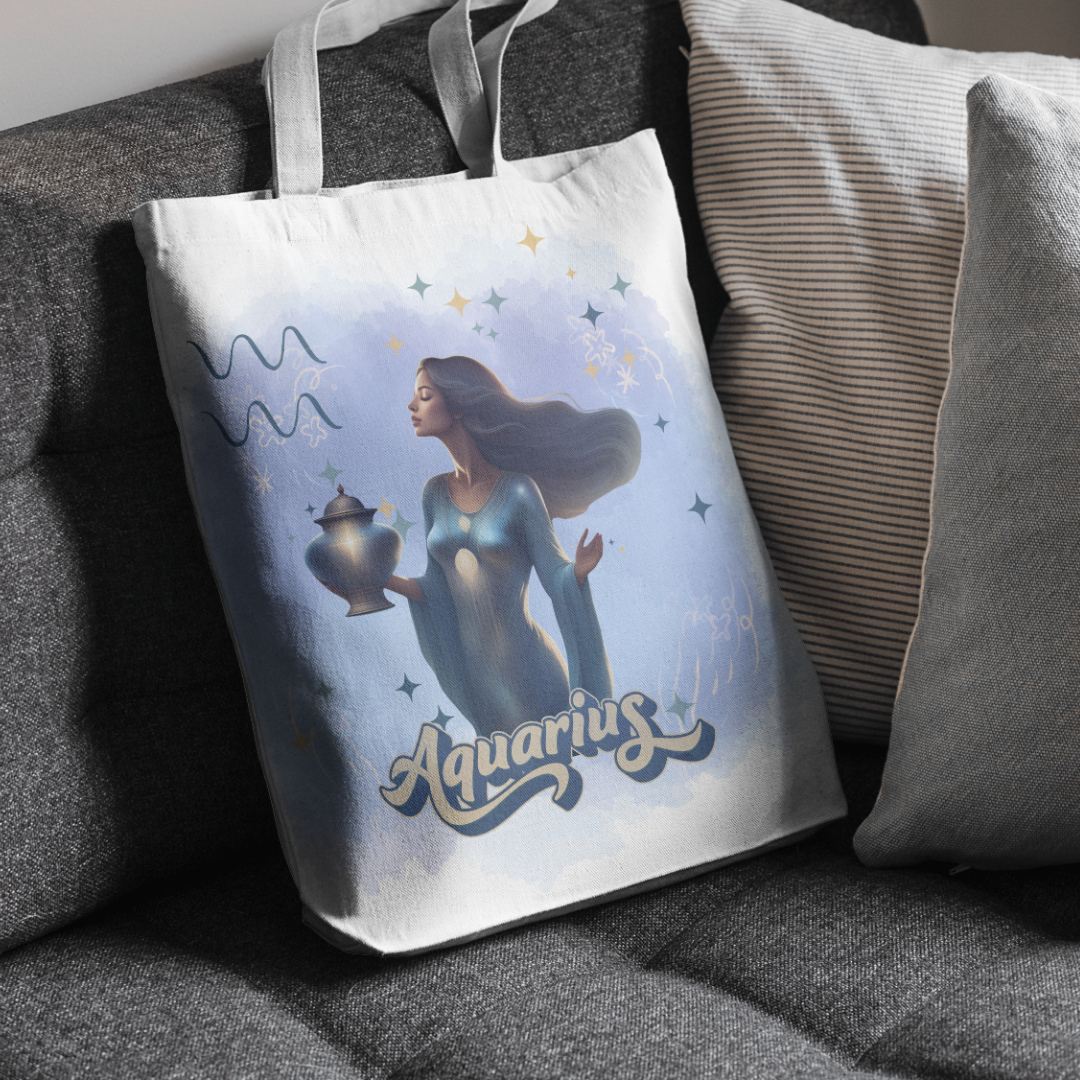 Aquarius-themed mystical woman illustration on a boho astrology tote bag