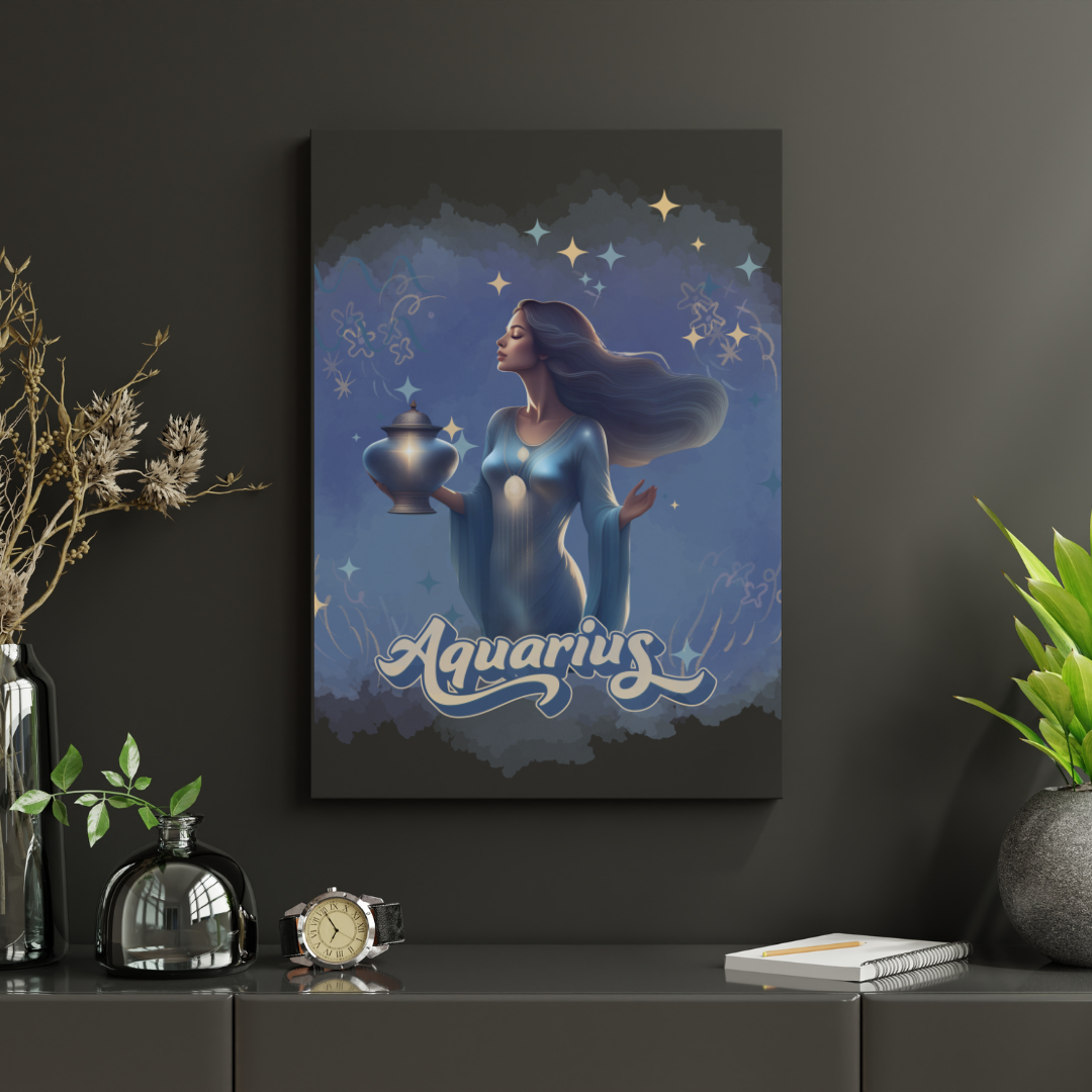 A dreamy zodiac-inspired illustration featuring soft blue tones and mystical energy. Ideal for Aquarius birthdays, spiritual seekers, and cosmic art lovers