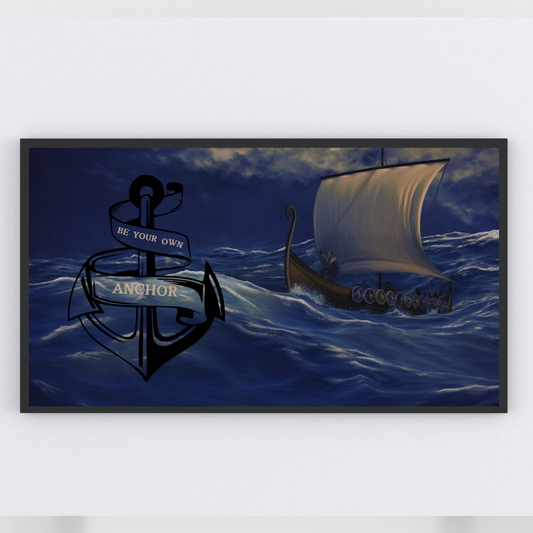 Viking ship in stormy ocean with anchor and "Be Your Own Anchor" quote