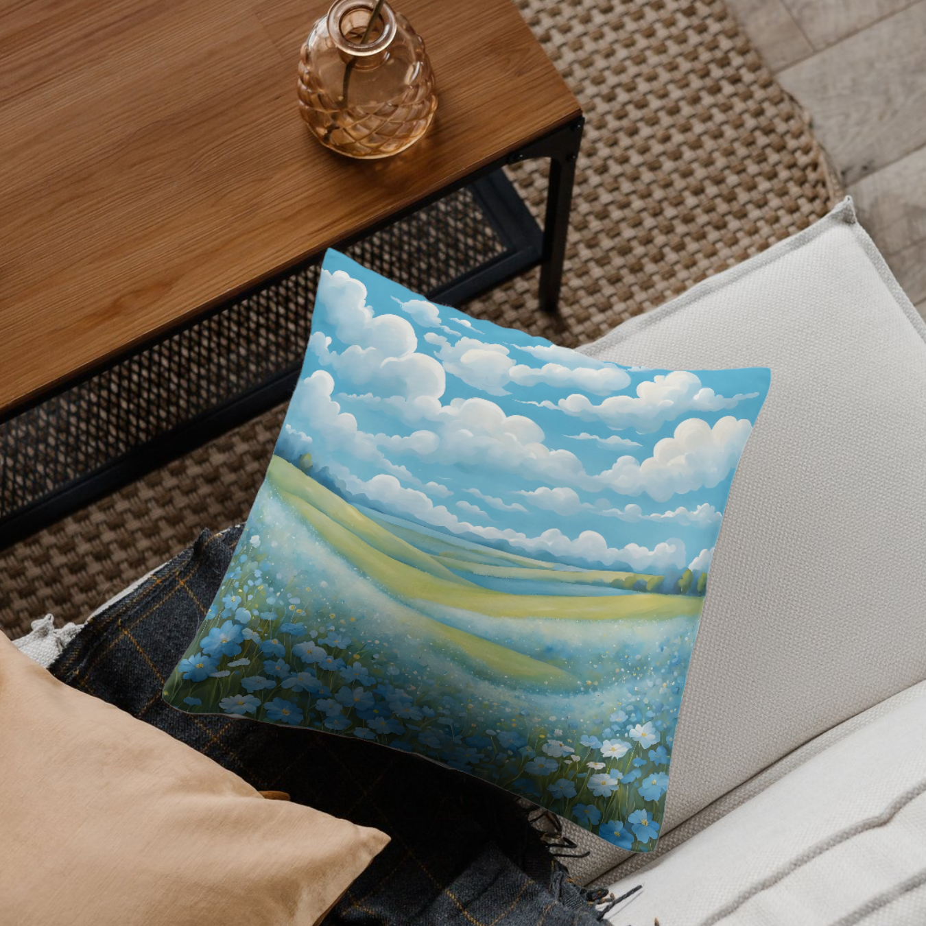 Cozy decorative pillow with a peaceful countryside landscape and blooming blue flowers