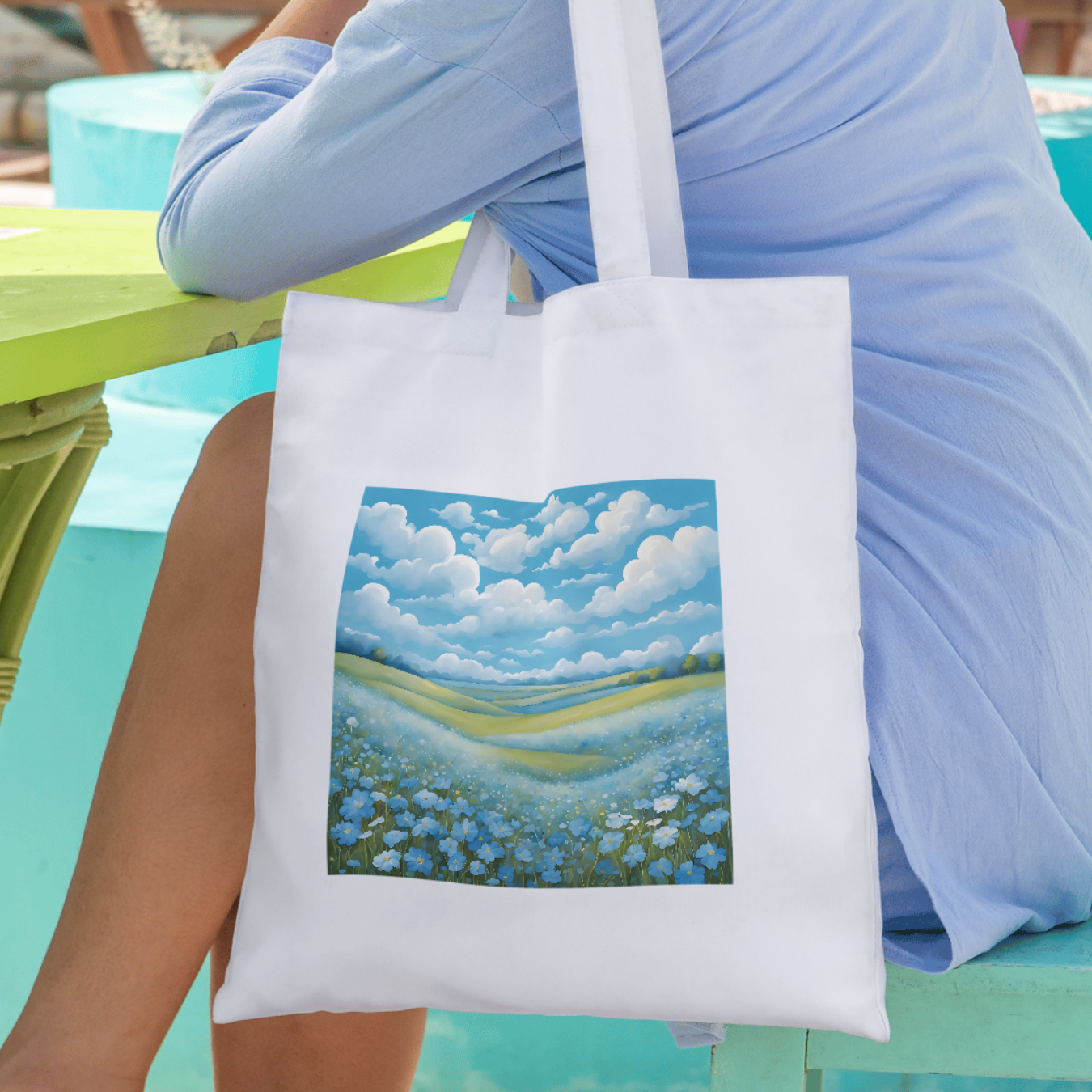 Stylish tote bag featuring a countryside scene with lush blue flowers and summer skies