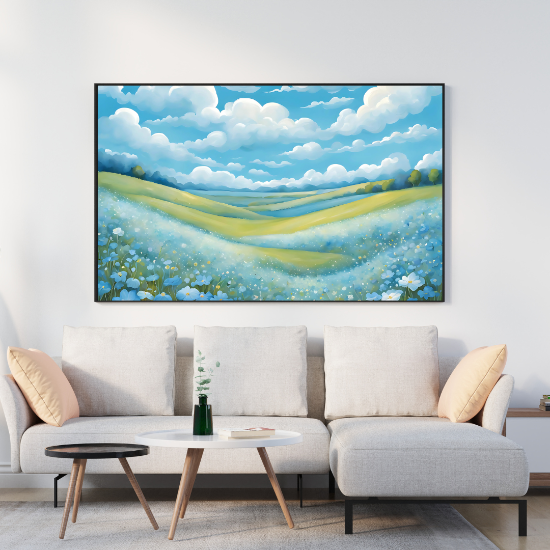 Dreamy blue floral field digital artwork capturing the essence of a warm countryside day