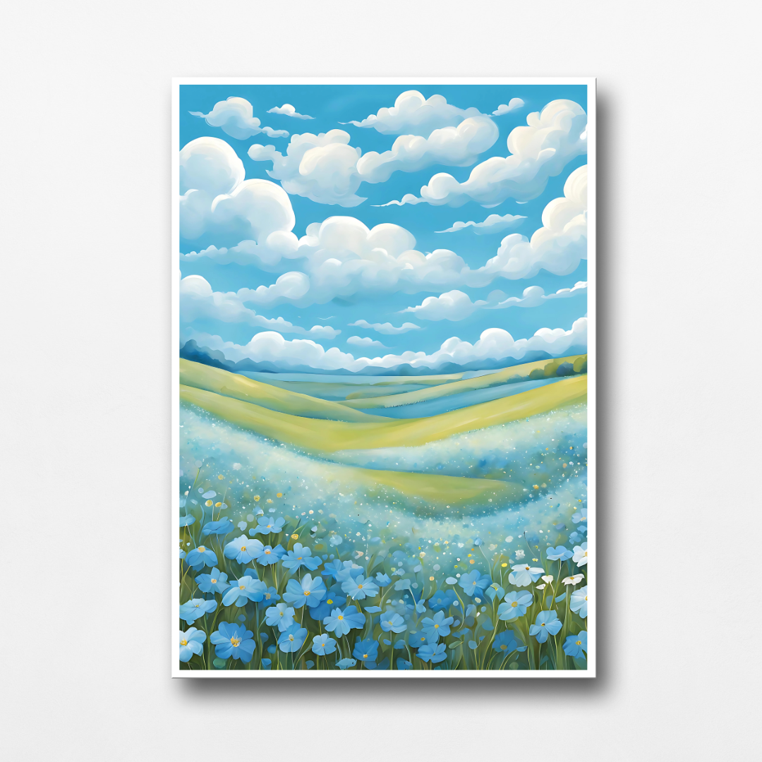 countryside view with a valley of blue flowers and a beautiful summer sky.