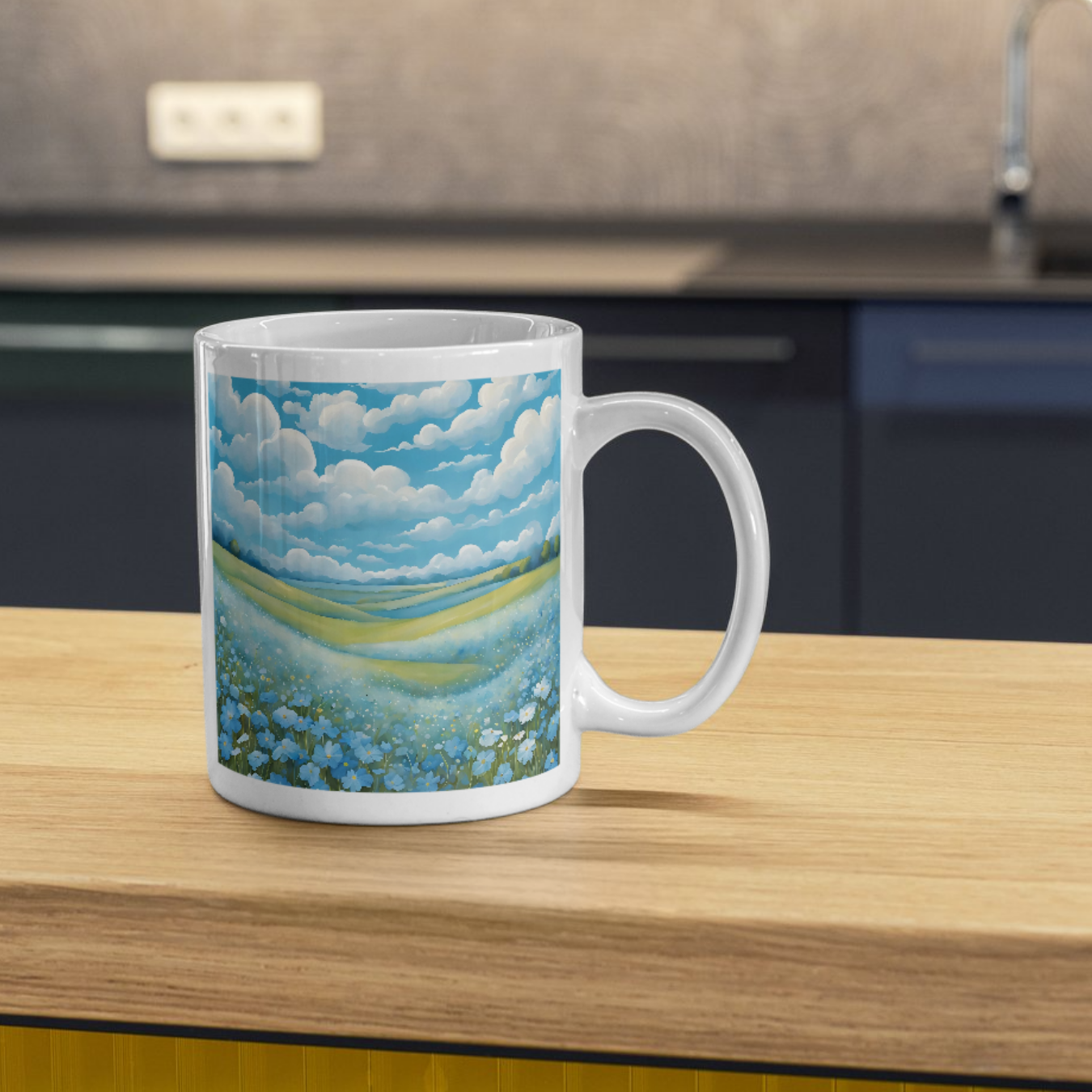 Elegant mug featuring a serene countryside landscape with a field of blooming blue flowers