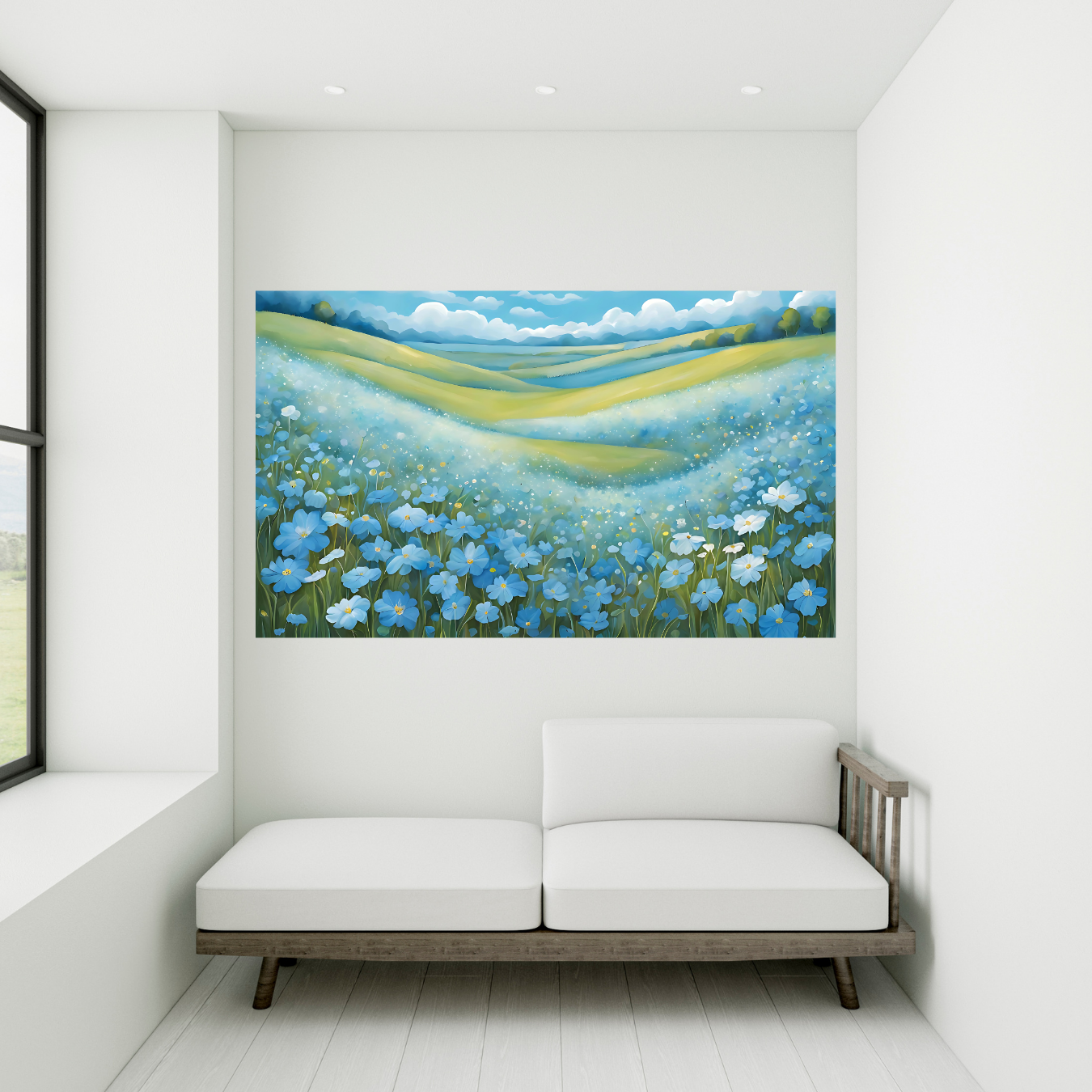 Nature-inspired canvas design showcasing a tranquil valley of blue flowers in full bloom