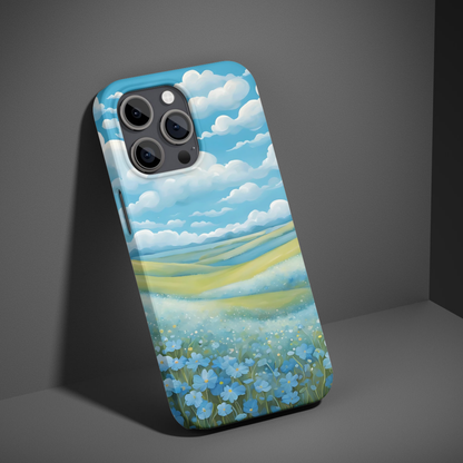 Charming phone case design featuring a tranquil blue flower meadow under the sky