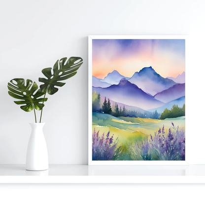 Lavender Mountain Watercolor Landscape | Digital Download for Serene Home Décor, Nature & Floral Lovers - ForArtHunters