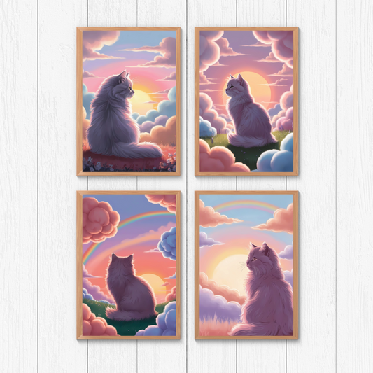 Fluffy cat silhouette under a pastel sunset sky with rainbow and dreamy clouds.