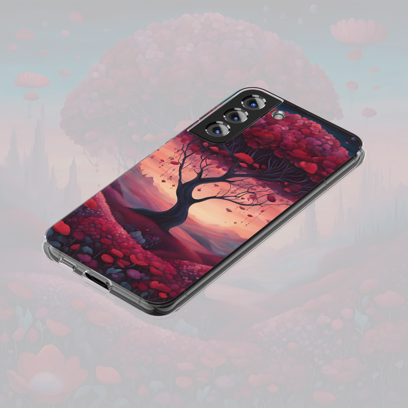 Celestial fantasy phone case with an enchanted red tree and floating blossoms – a mystical nature-inspired design