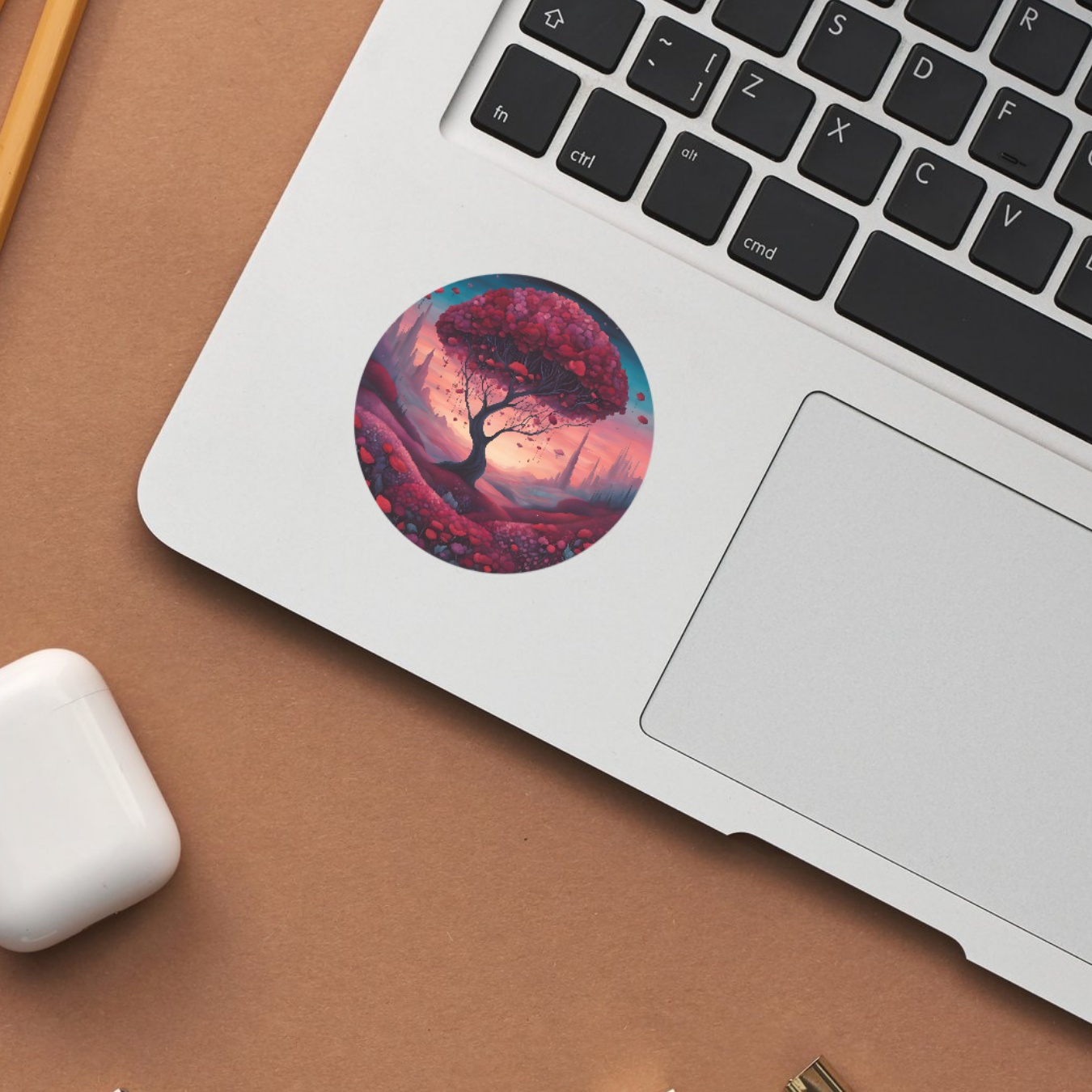 Celestial fantasy sticker featuring a surreal red tree and dreamlike landscape – perfect for decorating laptops and journals