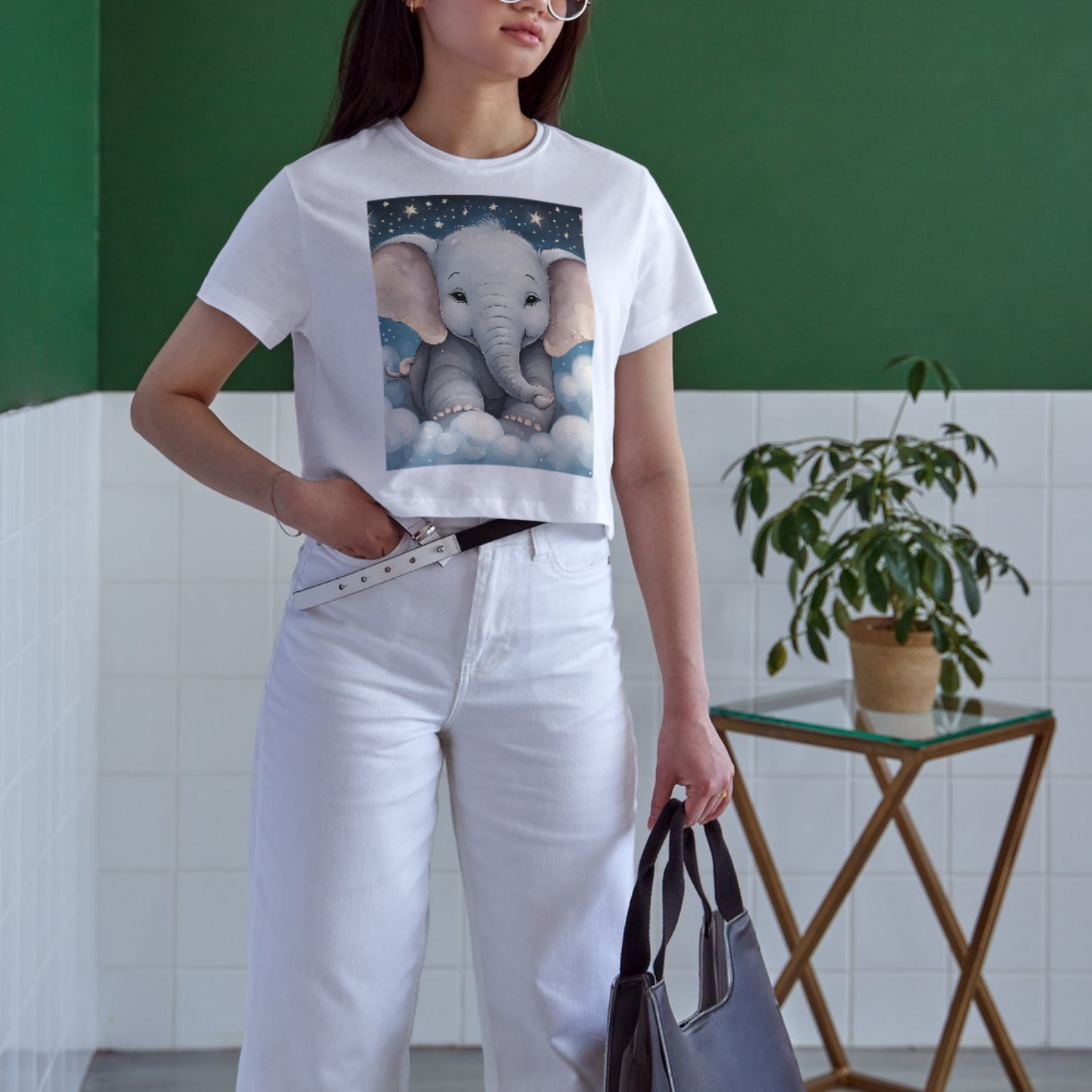 Charming baby elephant with twinkling stars on a stylish celestial t-shirt