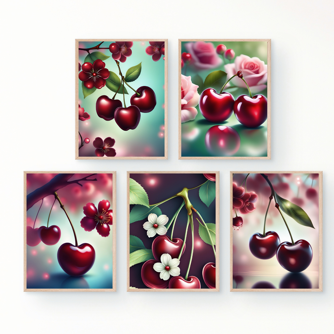 Elegant cherry wall art featuring ripe red cherries and delicate blossoms