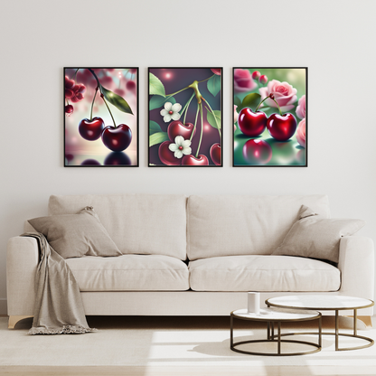 Red cherries and roses artwork for a vintage floral aesthetic