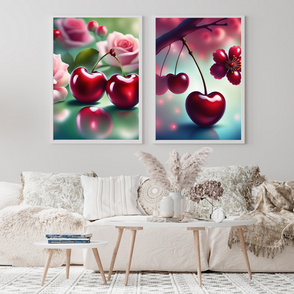 Luxury botanical artwork of cherries and flowers for timeless elegance