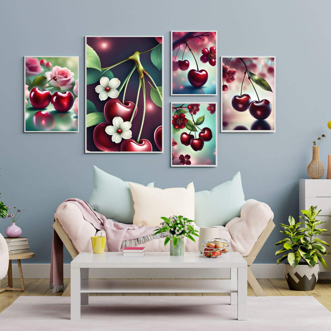 Botanical fruit illustration with cherries and white flowers for home décor