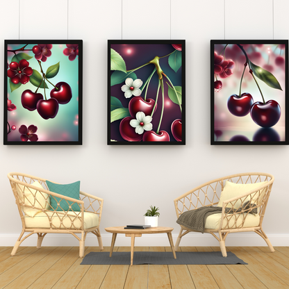 Kitchen wall art featuring realistic cherries and lush green leaves