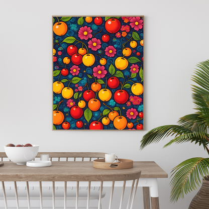 A high-quality canvas print displaying an elegant cherry blossom and fruit pattern, adding a pop of color to walls.