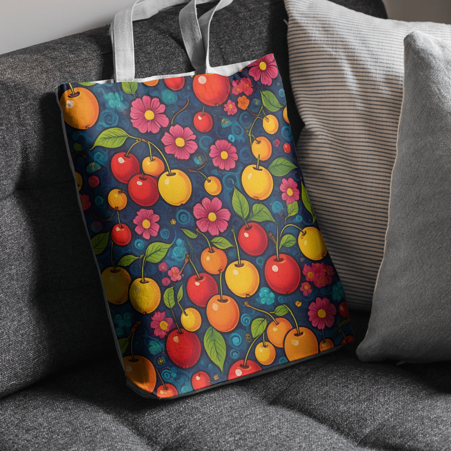  A trendy tote bag with a cherry blossom-inspired fruit pattern, perfect for shopping or daily essentials