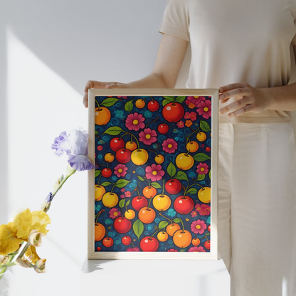 A bold and colorful large canvas print with an elegant cherry and floral pattern, creating a striking focal point in any room