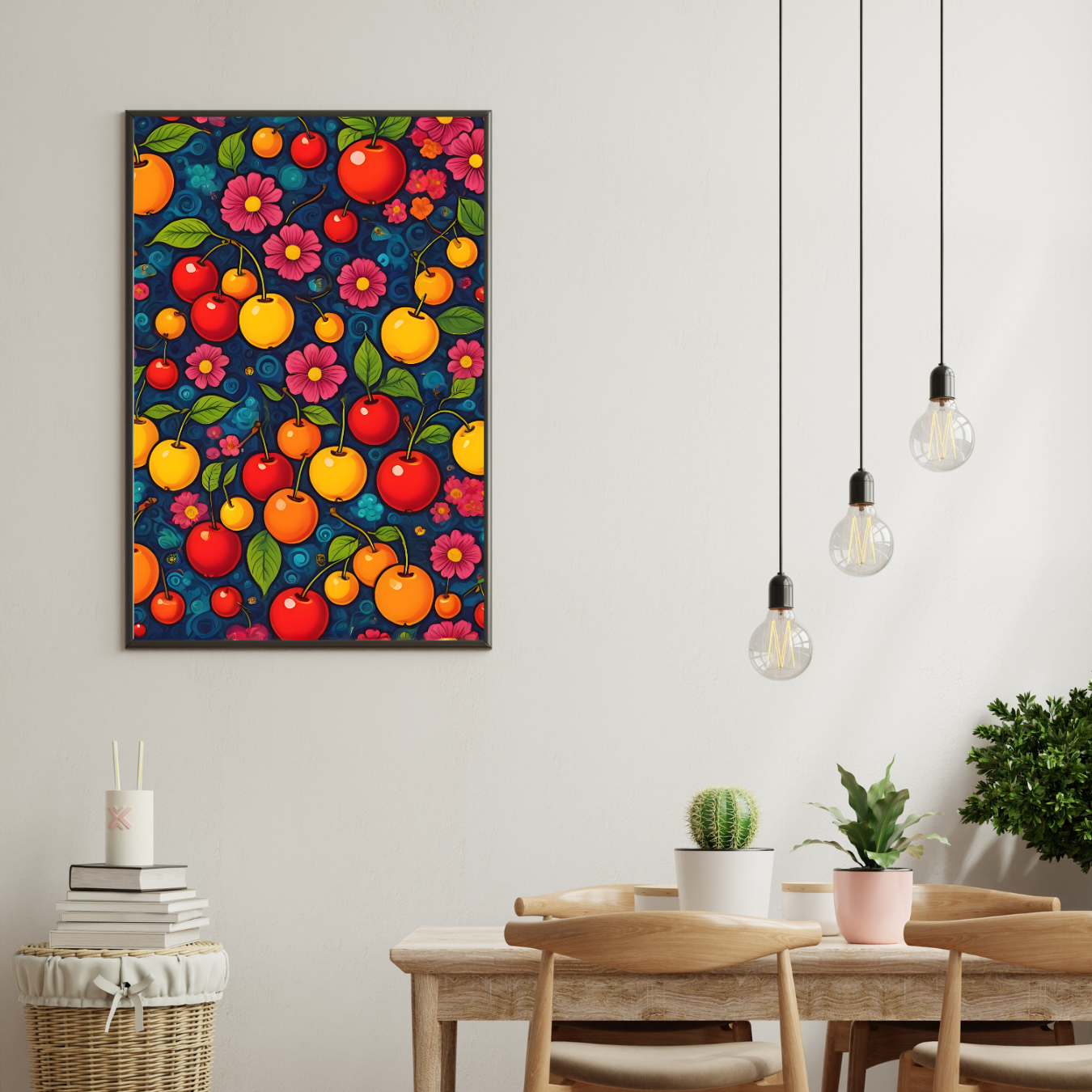 A modern vertical canvas print featuring a seamless red cherry and pink flower pattern, ideal for home decor.