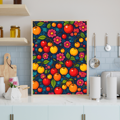 A beautifully framed canvas featuring a seamless pattern of red cherries and pink flowers on a decorative blue background, adding a vibrant touch to a modern kitchen