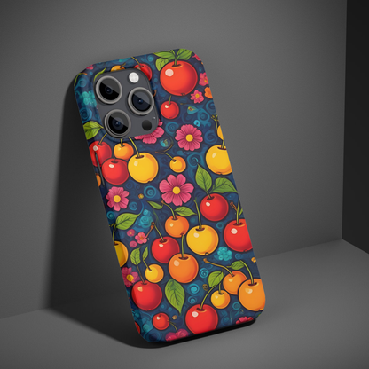 A protective phone case with a stunning red cherry and pink flower pattern, adding a stylish and fruity touch.