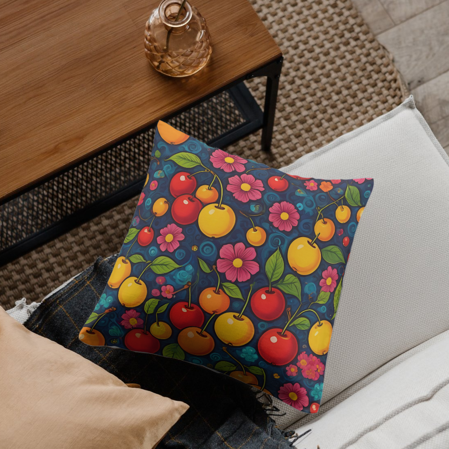 A cozy throw pillow on a couch featuring a seamless cherry and floral design, adding charm to any room decor.