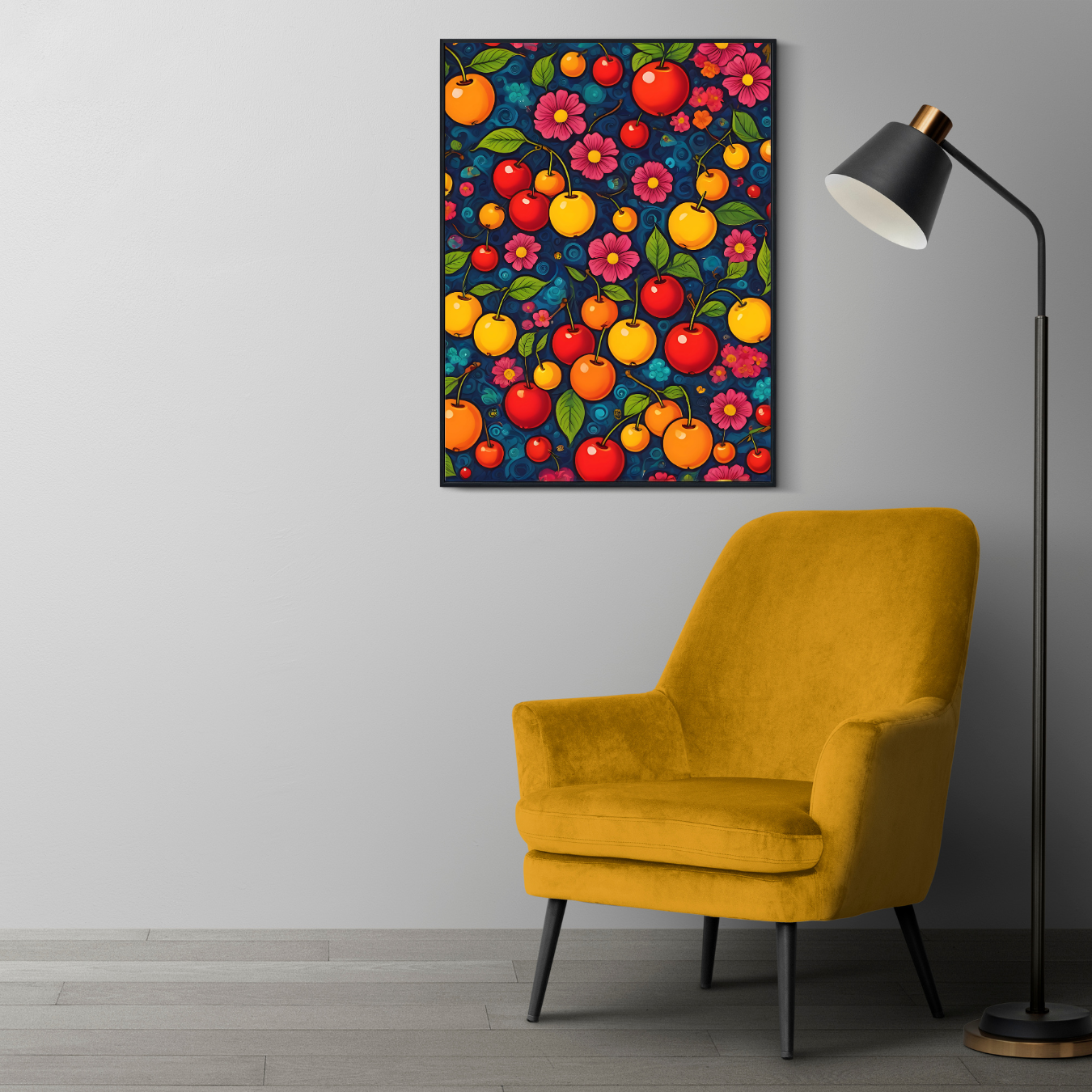 A high-quality gallery canvas showcasing a lively cherry blossom and fruit pattern, perfect for modern and stylish home decor