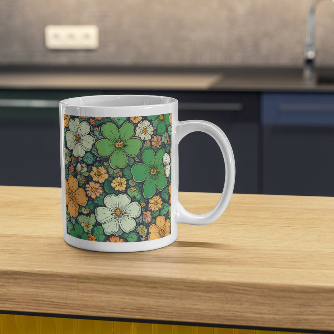 Elegant floral mug with seamless botanical pattern in green, orange, and cream tones, perfect for coffee and tea lovers.