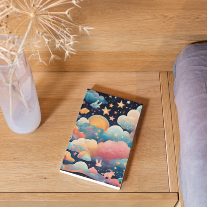 Colorful wavy clouds and stars illustration on a dreamy notebook cover