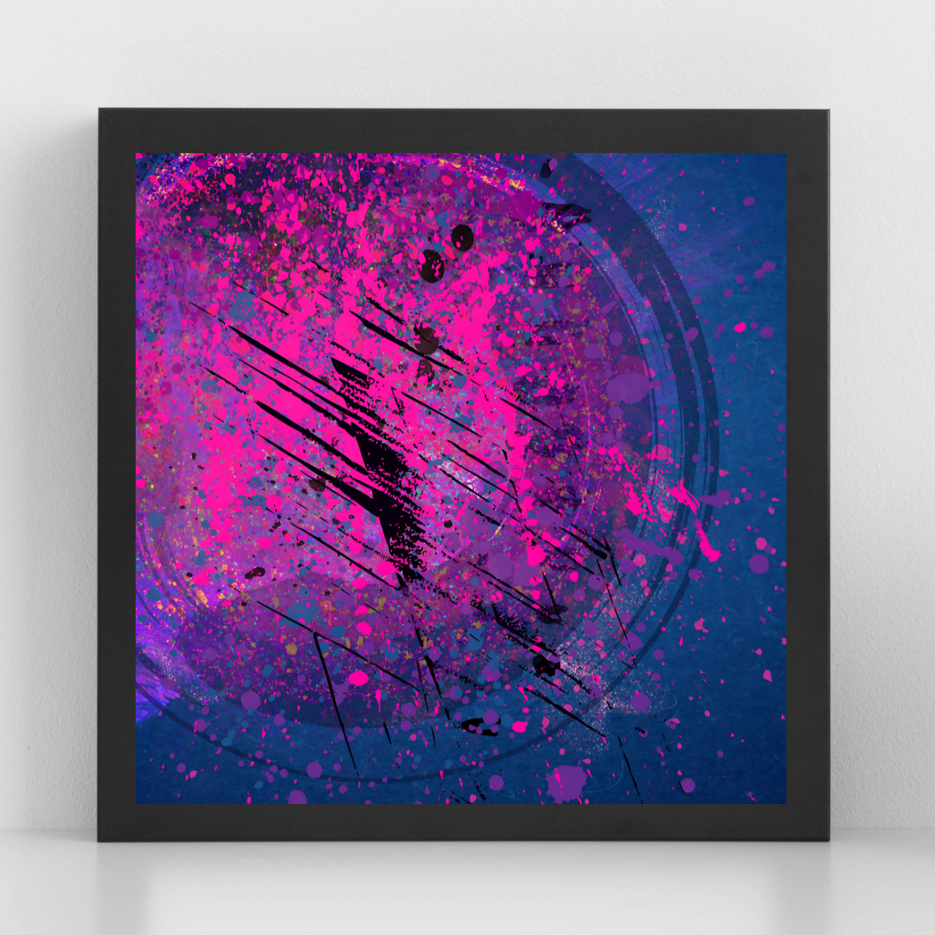 Vibrant abstract canvas wall art featuring bold brush strokes, pink and purple splatter effects, and a cosmic-inspired circular design on a deep blue background. Modern digital artwork perfect for contemporary home décor, office spaces, and artistic interiors