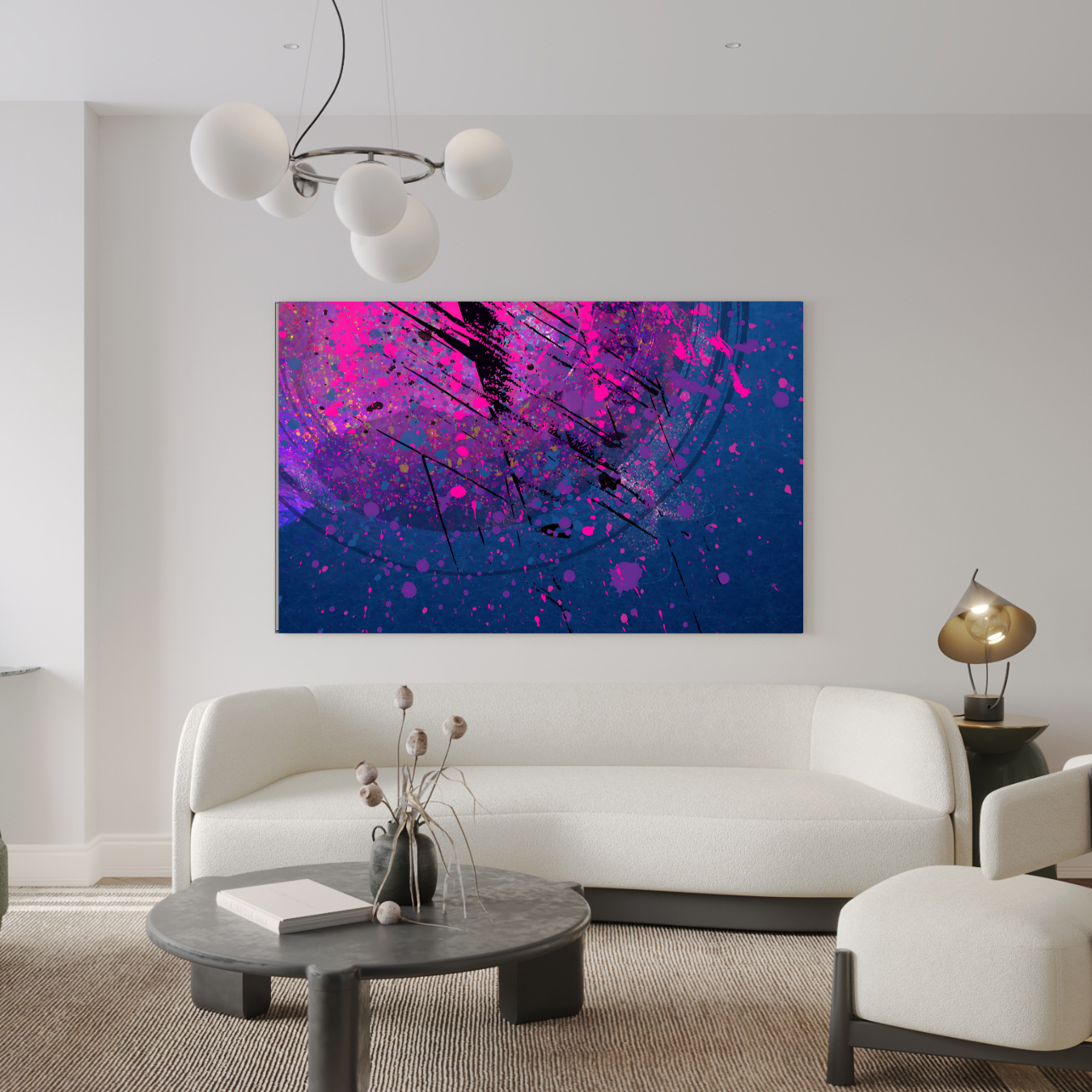 Digital abstract painting with splatter effects in an elegant dining area, complementing a stylish and contemporary interior