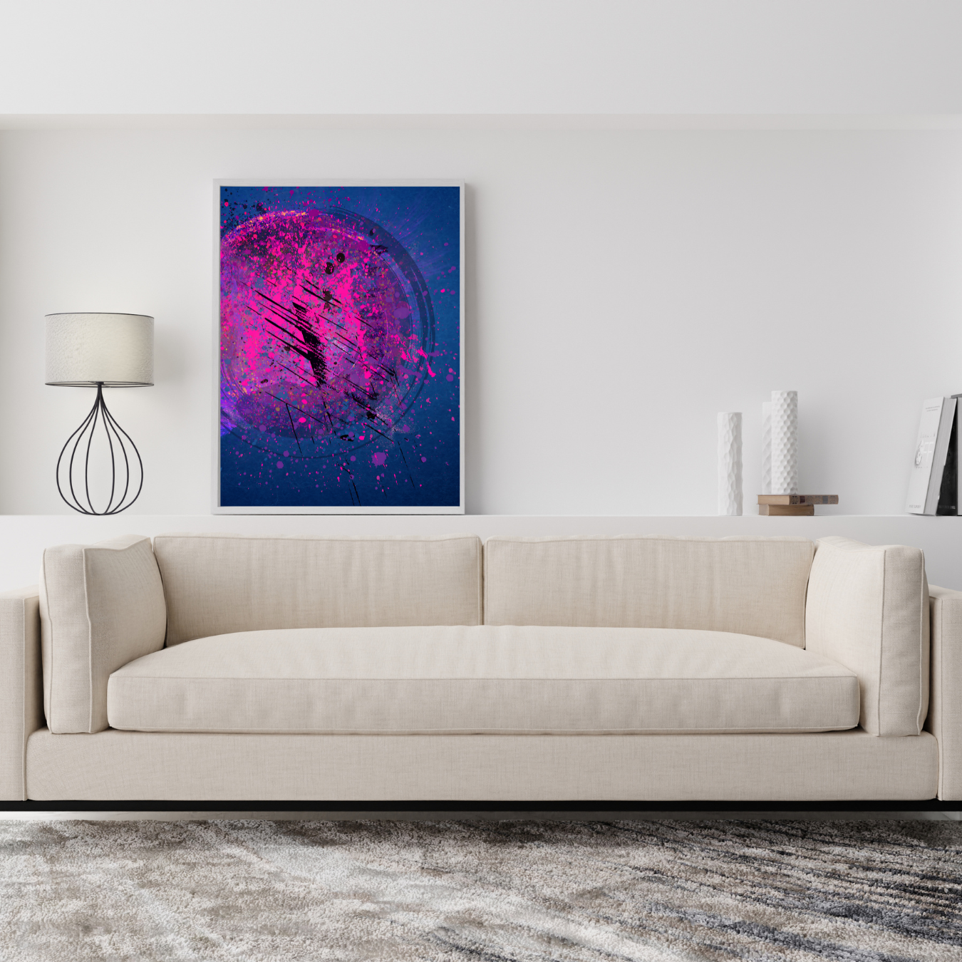 Expressive brush stroke art on canvas, mounted on a dark accent wall in a high-end modern living room