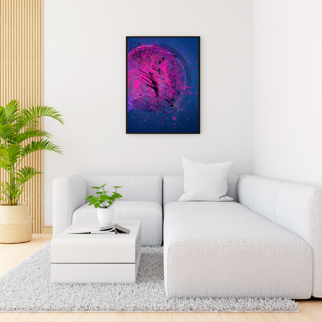 Bold and energetic abstract artwork in a spacious open-concept loft, featuring vivid pinks, purples, and textured splatters