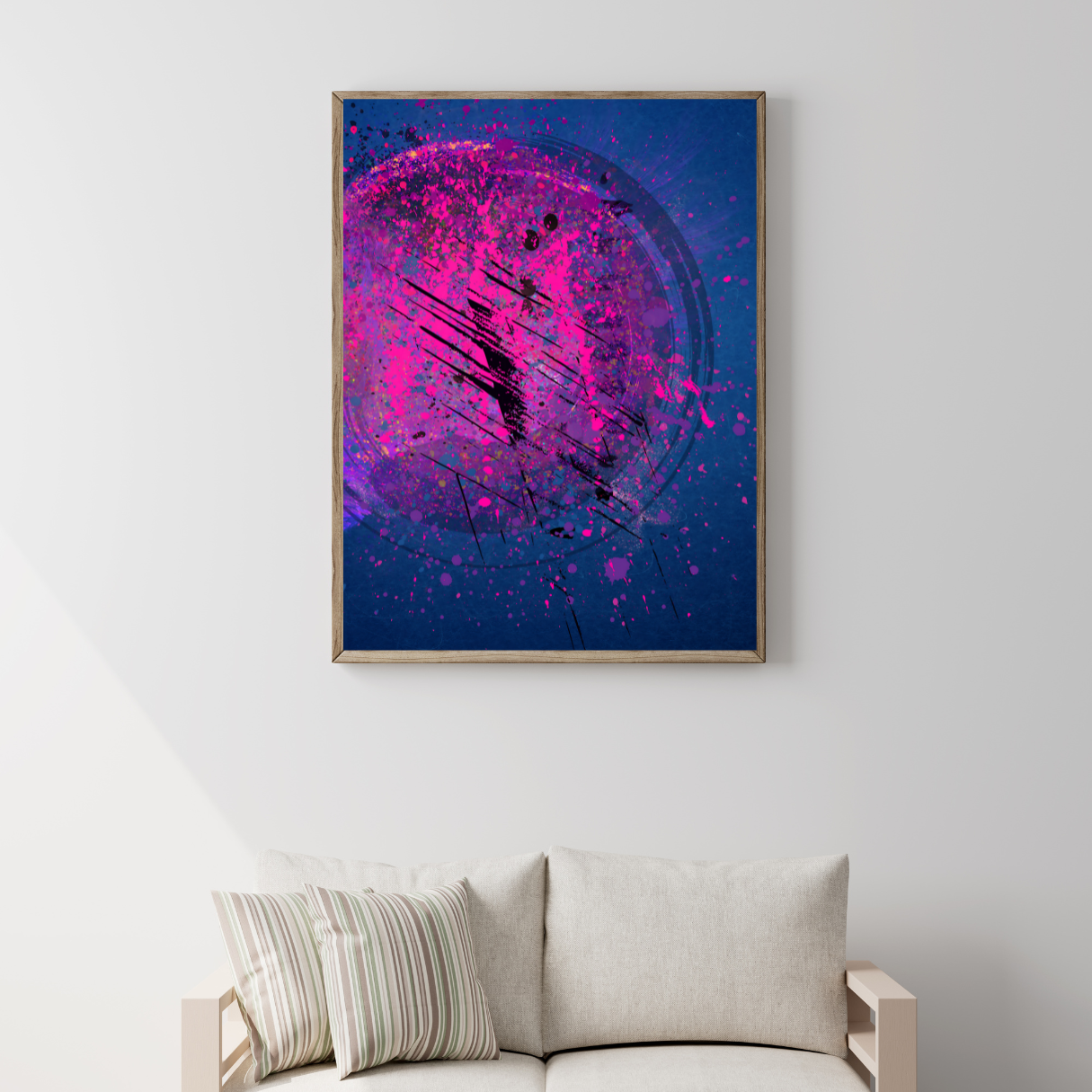 "Modern abstract painting in a home decor mockup, highlighting its vibrant colors and striking movement within a contemporary space